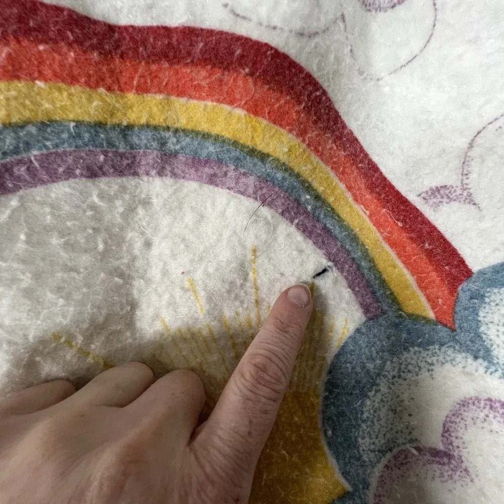 Vintage Rainbow‎ Cloud Sun Fleece Baby Blanket Lavender Satin Trim Retro Nursery